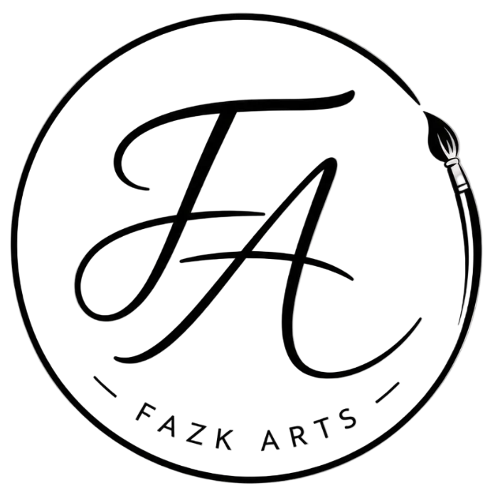 A minimalist black circular logo featuring the stylized initials 'FA' with a paintbrush and the text 'FAZK ARTS' on a light gray background.