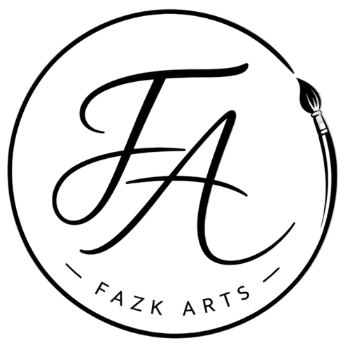 A minimalist black circular logo featuring the stylized initials 'FA' with a paintbrush and the text 'FAZK ARTS' on a light gray background.